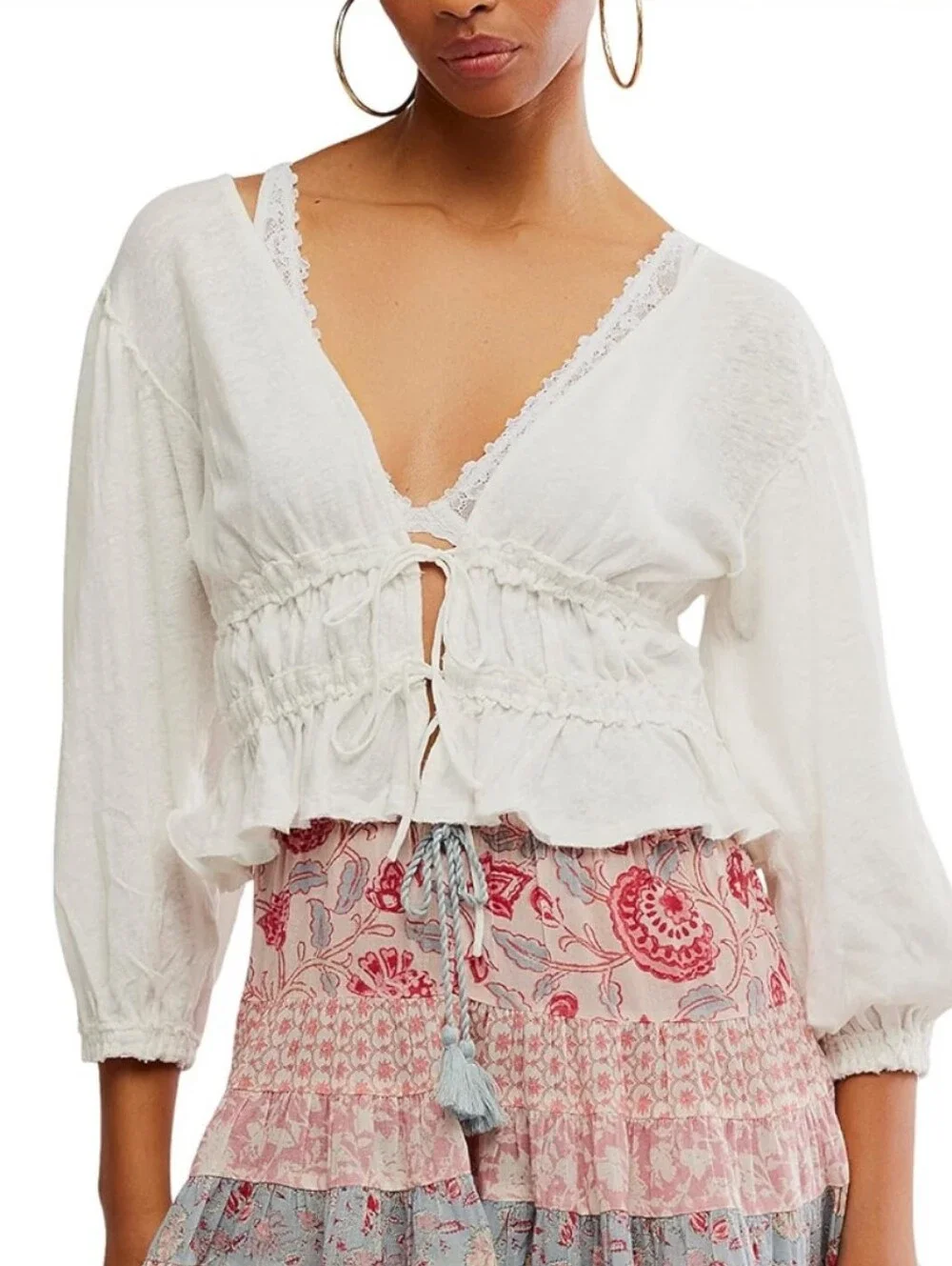 New Free People Let's Go Blouse White Size Medium Tie-front Linen/Cotton Boho